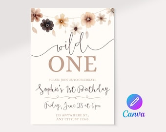 Boho Wild One Birthday Invitation: Floral First Birthday (Canva Edit)
