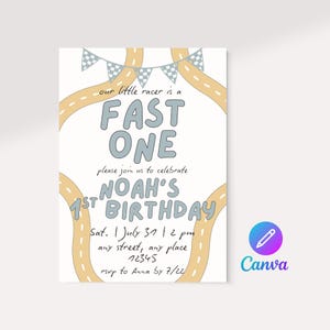 Fast One Race Car 1st Birthday Invitation: Editable Canva Template (Digital Download