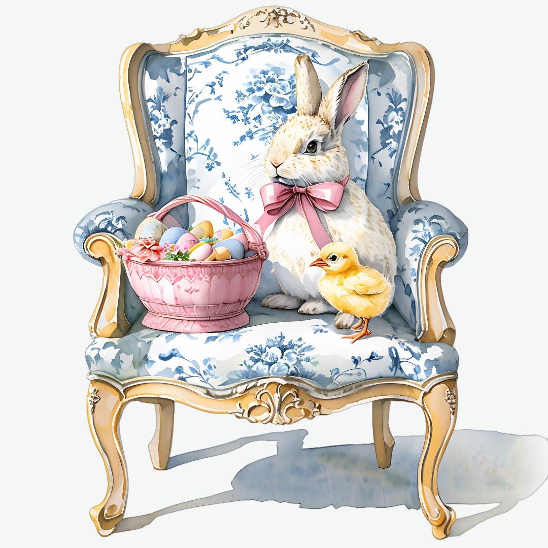 Easter Bunny & Chick Rococo Art PNG, Chinoiserie Easter, Blue Willow ...