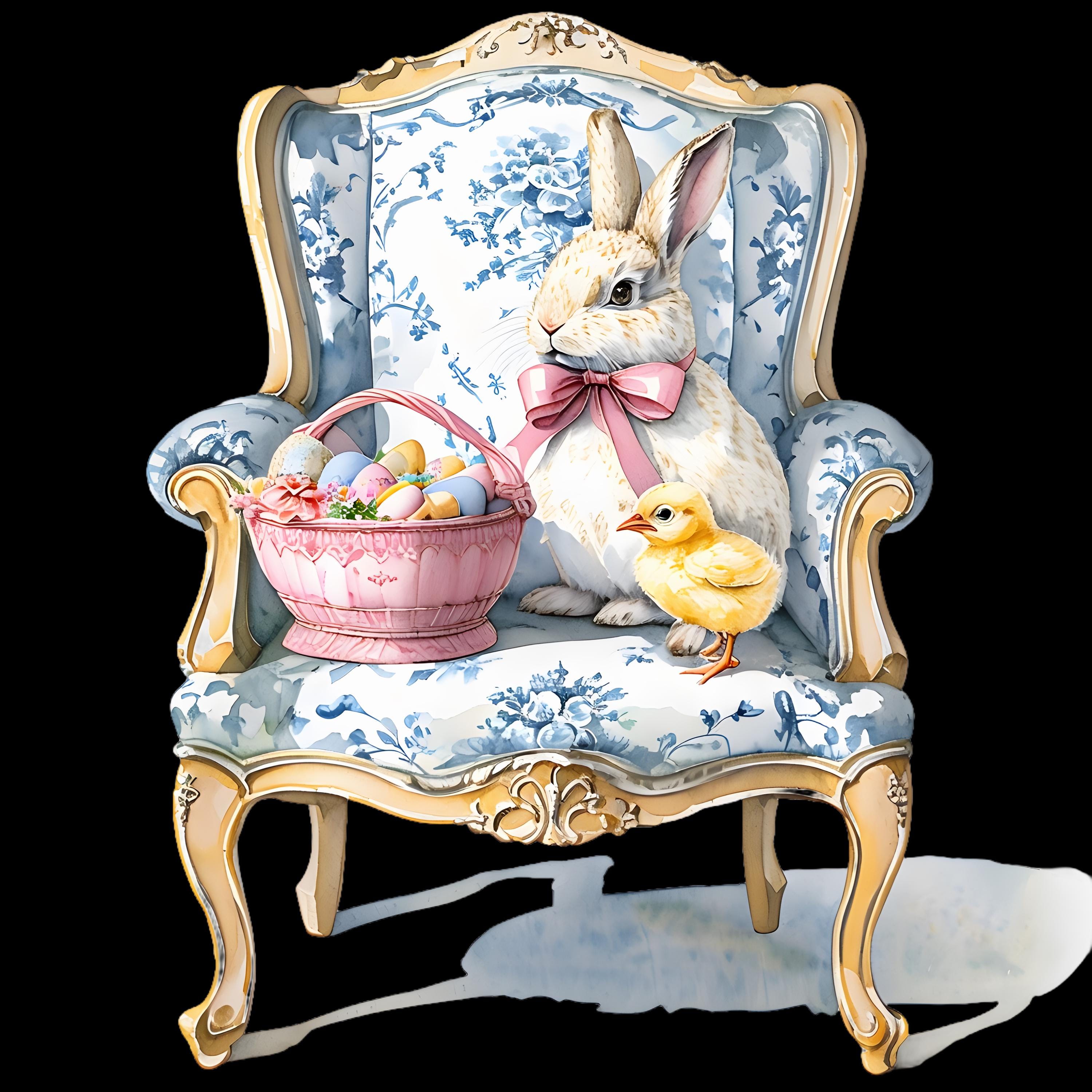 Easter Bunny & Chick Rococo Art PNG, Chinoiserie Easter, Blue Willow ...