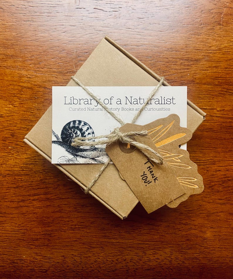 May include: A small brown box wrapped in twine with a tag that says "Thank You!" and a card that says "Library of a Naturalist, Curated Natural History Books and Curiousities" with a drawing of a snail.