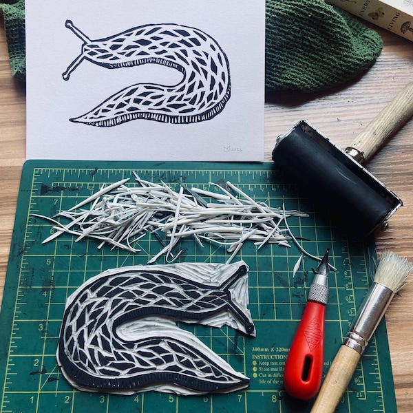 Slug Linocut Print – Black and White Garden Creature Artwork, Handmade A5 Nature Illustration,