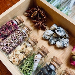 May include: A wooden box with small glass bottles filled with various items, including dried flowers, moss, a caterpillar, and a beetle. The box also contains star anise, small rocks, and dried rose petals.