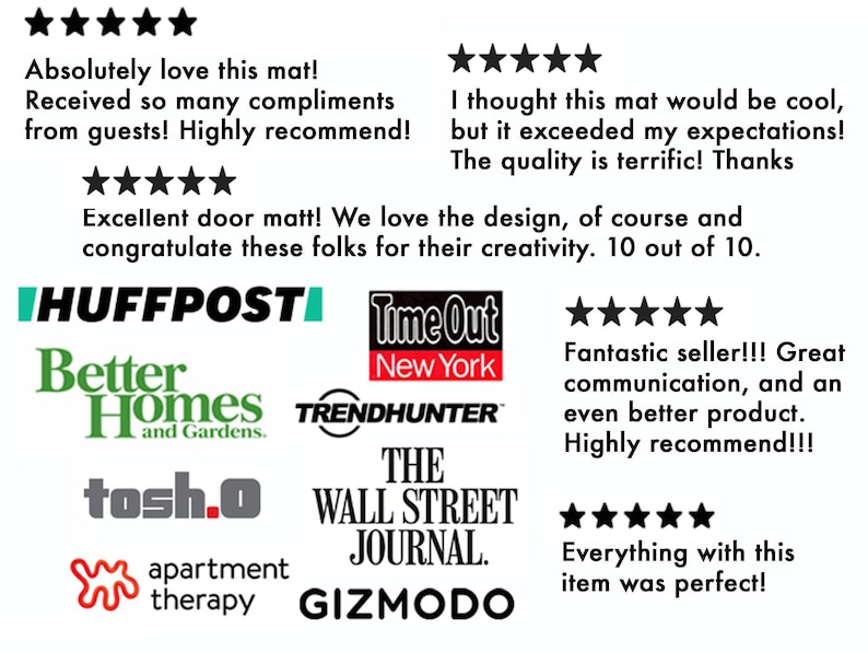 a collection of text reviews and logos, including a mat that received 5 stars, a mat that exceeded expectations, and a mat that was recommended by 10 people. The reviews express appreciation for the quality and design of the mat, and the logos are associated with various companies and publications.