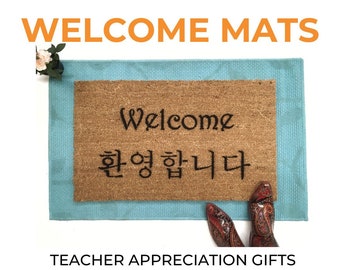 BILINGUAL welcome mats | Teacher appreciation gift |Japanese Korean German Spanish Indonesian Chinese Dutch French Greek | Damn Good Doormat