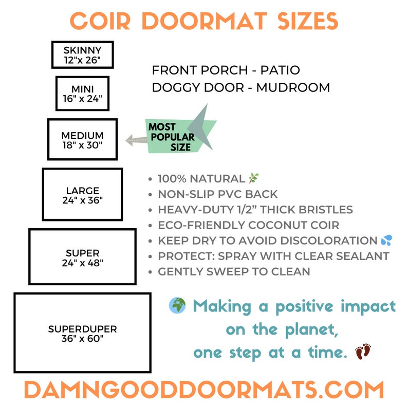 Promotional graphic for coir doormat sizes from skinny and small welcome mats up to large and double wide doormats from Damn Good Doormats