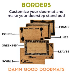 Promotional graphic displaying a variety of customizable borders to personalize your doormat from Damn Good Doormats