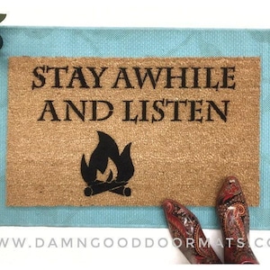 Stay Awhile and Listen Diablo conversations of Deckard Cain campfire doormat -novelty geek stuff fan art