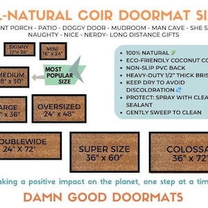 The image is an advertisement for all-natural coir door mats, providing a visual guide to the different sizes available.
