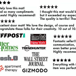 a collection of text reviews and logos, including a mat that received 5 stars, a mat that exceeded expectations, and a mat that was recommended by 10 people. The reviews express appreciation for the quality and design of the mat, and the logos are associated with various companies and publications.
