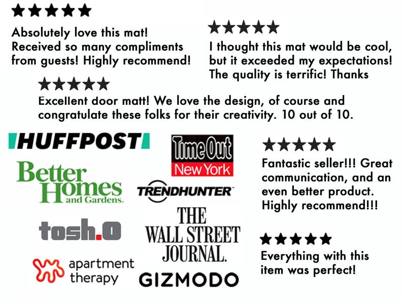 a collection of text reviews and logos, including a mat that received 5 stars, a mat that exceeded expectations, and a mat that was recommended by 10 people. The reviews express appreciation for the quality and design of the mat, and the logos are associated with various companies and publications.