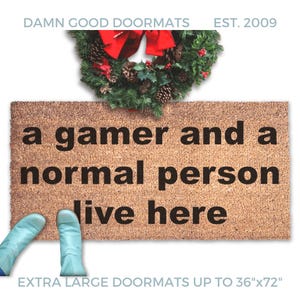 a CODER / GAMER and a normal person live here funny nerd culture geek hand painted doormat rpg boyfriend gift doormatt new house gift 0