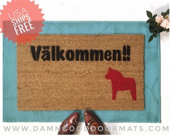 Swedish doormat valkommen Välkommen Scandinavian style Welcome mat dala horse swede hand painted doormat new house gift