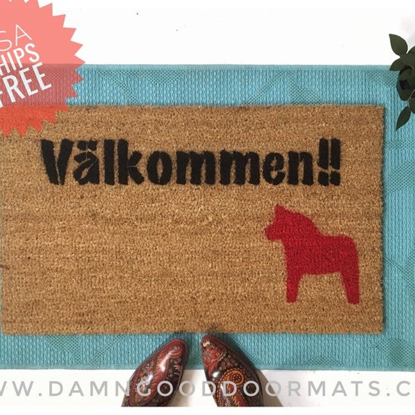 Swedish doormat valkommen Välkommen Scandinavian style Welcome mat dala horse swede hand painted doormat new house gift