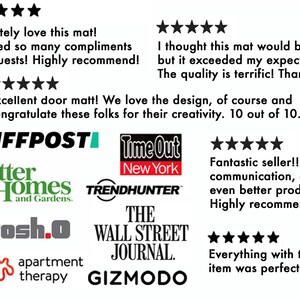 a collection of text reviews and logos, including a mat that received 5 stars, a mat that exceeded expectations, and a mat that was recommended by 10 people. The reviews express appreciation for the quality and design of the mat, and the logos are associated with various companies and publications.