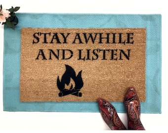 Stay Awhile and Listen campfire doormat -novelty geek stuff fan art