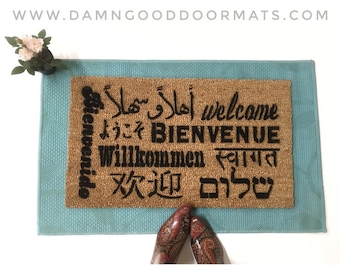 ALL languages welcome mat  retirement gift  French German Arabic Hebrew Chinese Japanese Korean Hindi doormat multi lingual