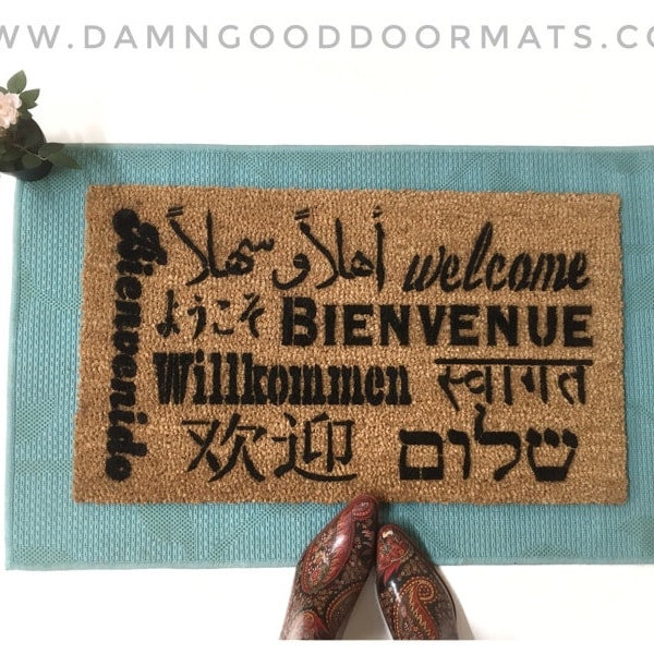 ALL languages welcome mat  retirement gift  French German Arabic Hebrew Chinese Japanese Korean Hindi doormat multi lingual