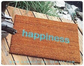 Happiness Doormat: Aqua Mantra Welcome Mat (Outdoor Use)