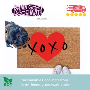 Promotional graphic for VALENTINE'S DAY HEART doormats by Damn GoodDoormats