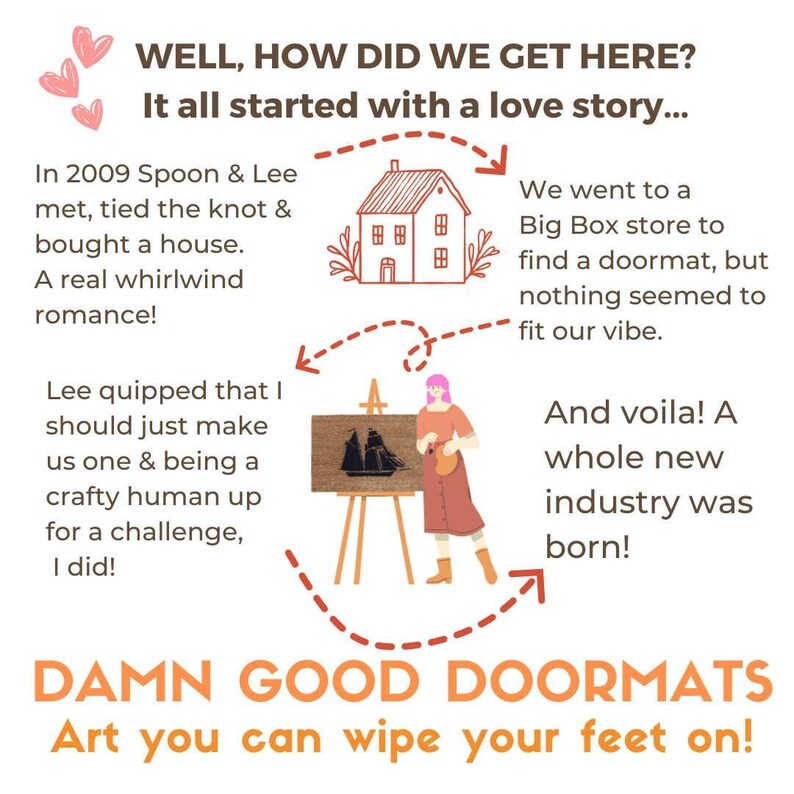 The image is a visual representation of a story about how a person found a new passion for art, which led them to create a line of door mats. The story begins with a love story involving a couple who tied the knot and bought a house, but they soon discovered a new interest in crafting and decided to start a business selling door mats. The story concludes with the person realizing that their new venture was born out of a love for art and a desire to create something practical and beautiful.