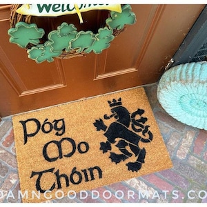 Sarcastic Irish Doormat: Pog Mo Thoin- Kiss my ass- Heraldic Lion Design Eco-Friendly Coir