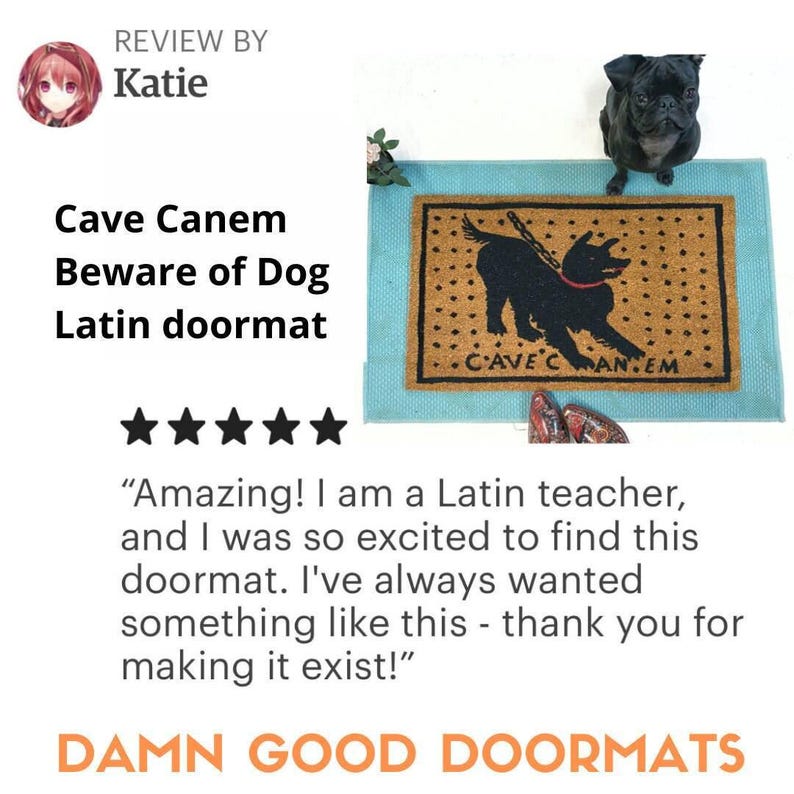 The image is a review of a door mat called "Cave Canem Beware of Dog Latin doormat". The review is written by a Latin teacher who is excited to find this doormat and has always wanted something like it. The review expresses gratitude for the mat, stating that it makes the door mat experience better. The review is 5 stars, indicating a positive experience. The image is described as a "DAMN GOOD DOORMAT" and is part of a collage of images.