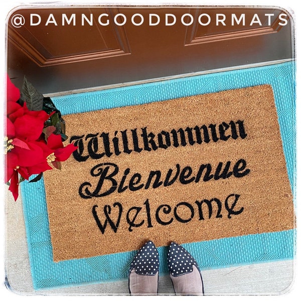 Cabaret Willkommen Bienvenue Welcome German French doormat mat doormat language teacher gift new house