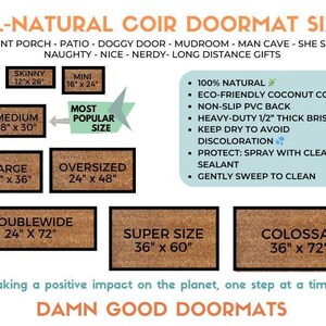 The image is an advertisement for all-natural coir door mats, providing a visual guide to the different sizes available.