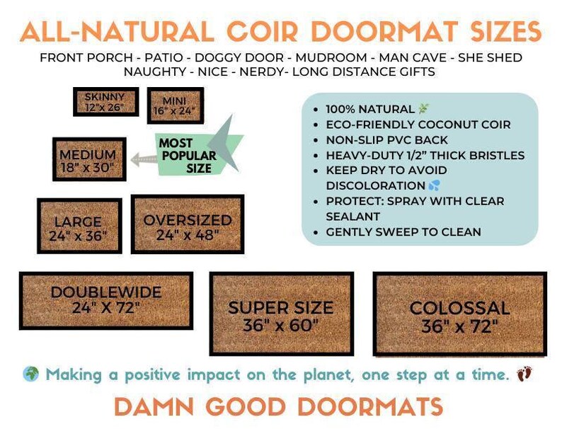 The image is an advertisement for all-natural coir door mats, providing a visual guide to the different sizes available.