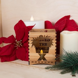 Ash Wooden Tea Light Lantern - John 3:16 Bible Verse, Christmas Centerpiece, Holiday Table Décor, White Wooden Lantern, God Loves You Gift