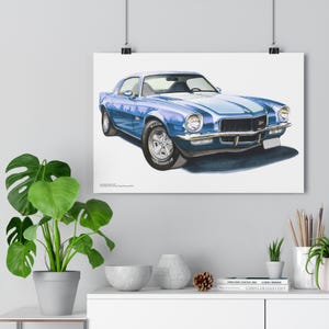 Art Print: Chevrolet Camaro Z28 Classic American Muscle Car, Man Cave Decor, Vintage Vehicle Poster, David Irving Painting