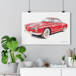 Puede incluir: Ilustración de un coche rojo vintage con neumáticos de banda blanca. El cupé clásico presenta detalles cromados, un parachoques delantero y una antena de radio. La obra de arte se muestra sobre un fondo blanco, mostrando el diseño elegante y el color vibrante del coche.
