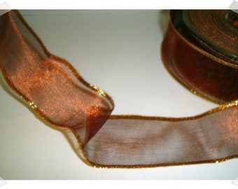 Organza Wired Ribbon/Reddish Brown Color with Glittered Edges/ Assorted Yardage/ Craft Supplies/