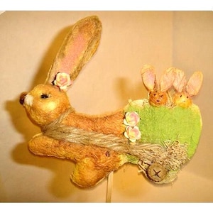 Easter Brown Papier Mache Rabbit w/ Babies in Cart- Pick/ Holiday Décor/ Supplies*/Recycle*/Discontinued Items*