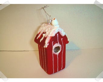 Glass Red Birdhouse Ornament w/Glitter & Snow/ Upcycled/ Holiday Décor/ Craft Supplies*/Last one**