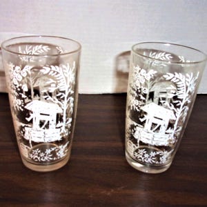 Clear Glass Tumblers with White Design/ Set of 2/ Vintage/ Supplies*