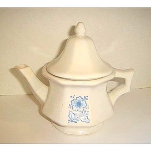 White Ceramic Avon Teapot with Blue Flower/ Small size/ Vintage*