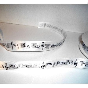 White Ribbon with Printed Music Notes/ Polyester/Assorted Yardage*/ Craft Supplies*