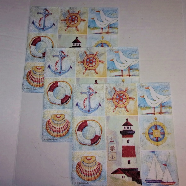 Paper Napkins for Decoupage/ Light Houses/Nautical/Set of 3 / **13" by 13"/ Craft Supplies**