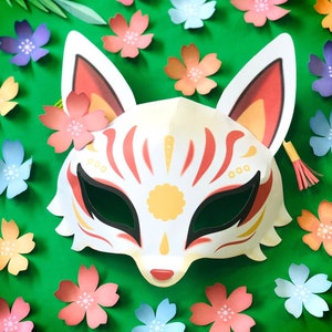 Modello di maschera di volpe Kitsune, modello di maschera senza cuciture. Modello stampabile di maschera di volpe Kitsune fai da te facile da realizzare, tutorial + fogli di lavoro di Happythought