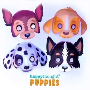 Puppy dog mask templates DIY no sew mask patterns. Instantly make a puppy dog mask. Easy to download PDF printable templates by Happythought