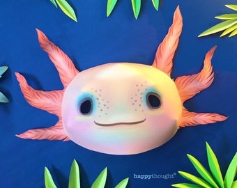 Axolotl mask template DIY no sew mask pattern to wear. Instantly make paper Axolotl mask. Download PDF printable templates by Happythought