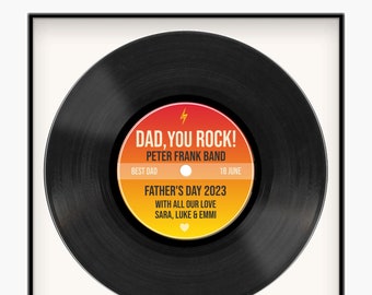 Vaderdag gepersonaliseerde rock-&#39;n-roll vinylplaat afdrukbare poster, wenskaart, screensaverpakket aangepast label Vaderdagcadeau voor papa