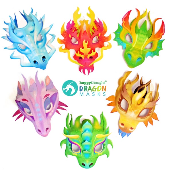 Masques de dragon en papier imprimables : 6 modèles de masques de dragon audacieux + modèles de masques à colorier en noir et blanc à imprimer et à fabriquer par Happythought.