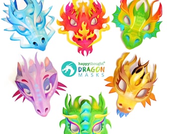 Printable paper Dragon masks: 6 bold dragon mask designs + coloring in black and white mask templates to printout & make by Happythought.