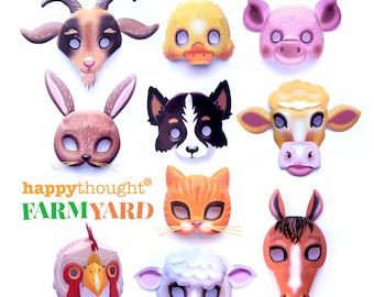 May include: A set of ten colorful paper animal masks featuring a variety of farm animals, including a goat, duck, pig, rabbit, dog, cat, cow, horse, chicken, and sheep. The masks are all brightly colored and have friendly expressions. The text "happythought FARM YARD" is printed in green and orange at the bottom of the image.