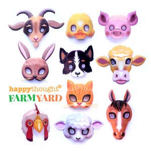 10 printable farm animal masks: Rabbit, Rooster, Dog, Horse, Pig, Sheep, Cow, Duck, Cat and Goat. Templates to print & make by Happythought.