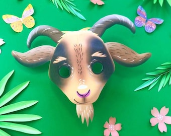 Goat mask template DIY no sew mask pattern. Instantly make a paper 3D goat mask. Easy to download PDF printable templates by Happythought