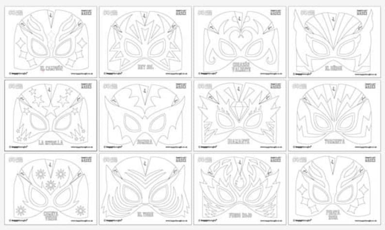 May include: A set of 10 printable wrestling mask templates. Each mask is outlined in black and features a unique design. The masks are labeled with names like "El Canario", "Rey Sol", and "Princesa Roja".